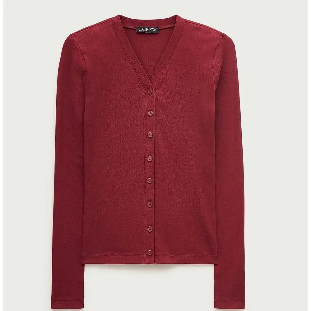 J. Crew Lightweight rib high V-neck cardigan top in Crimson Bloom NWOT Small